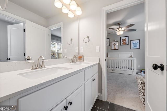 bathroom with vanity, tile patterned flooring, and ceiling fan