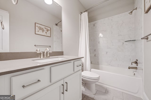 full bathroom featuring toilet, tile patterned flooring, shower / tub combo with curtain, and vanity