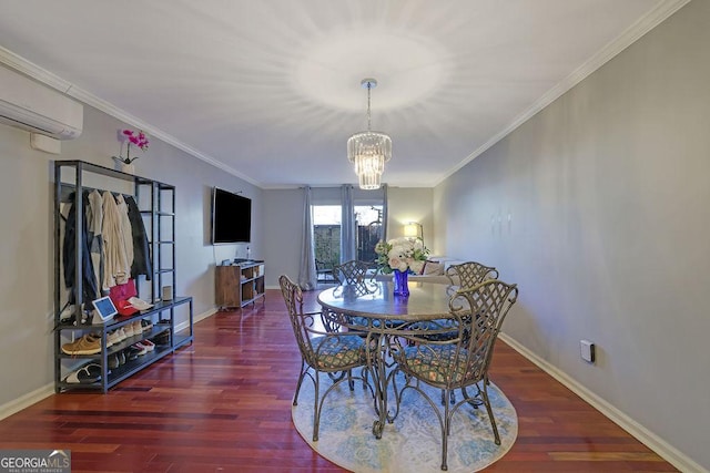 dining space with dark hardwood / wood-style floors, an inviting chandelier, and ornamental molding