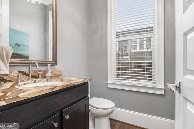 bathroom with vanity, hardwood / wood-style floors, and toilet