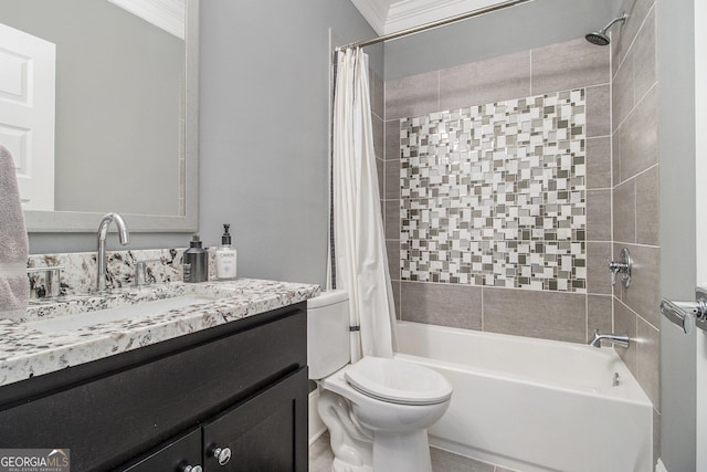 full bathroom with ornamental molding, toilet, vanity, and shower / bath combo with shower curtain