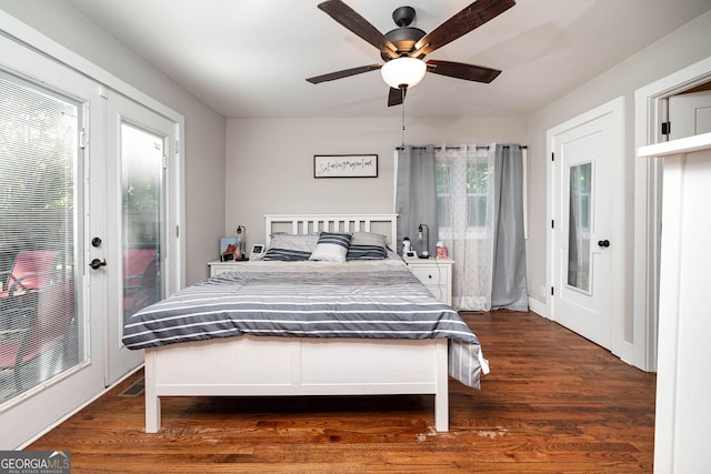 bedroom with ceiling fan, access to outside, and dark hardwood / wood-style floors