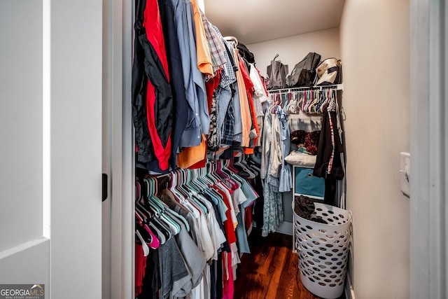 spacious closet with dark hardwood / wood-style flooring