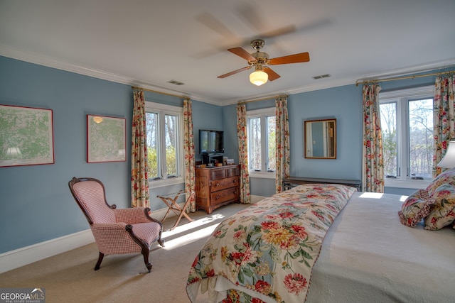 bedroom featuring carpet floors, visible vents, and ornamental molding