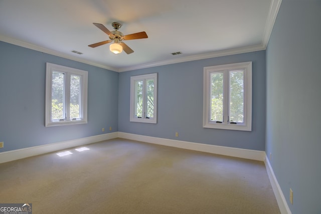 empty room featuring ornamental molding, a wealth of natural light, light carpet, and baseboards