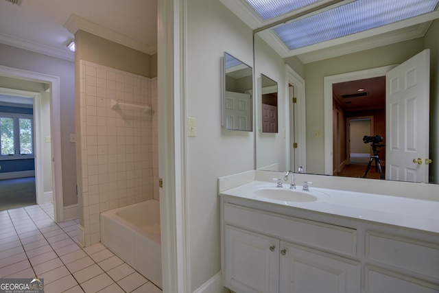 full bath with tile patterned flooring, shower / bathing tub combination, crown molding, and vanity