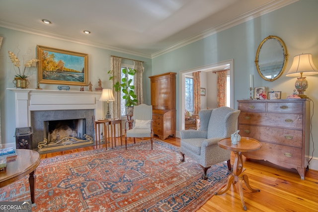 living area featuring a fireplace, ornamental molding, wood finished floors, and recessed lighting