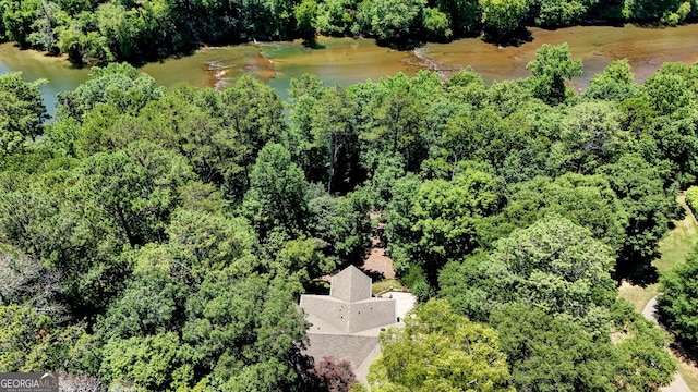 bird's eye view featuring a water view and a view of trees