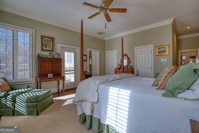 bedroom with visible vents, ornamental molding, ceiling fan, and recessed lighting