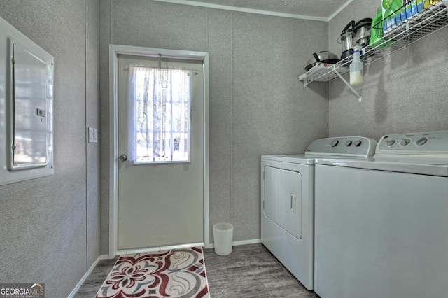 washroom with washing machine and dryer, light hardwood / wood-style floors, ornamental molding, and electric panel