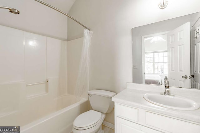 full bathroom with vanity, toilet, and shower / bathtub combination with curtain