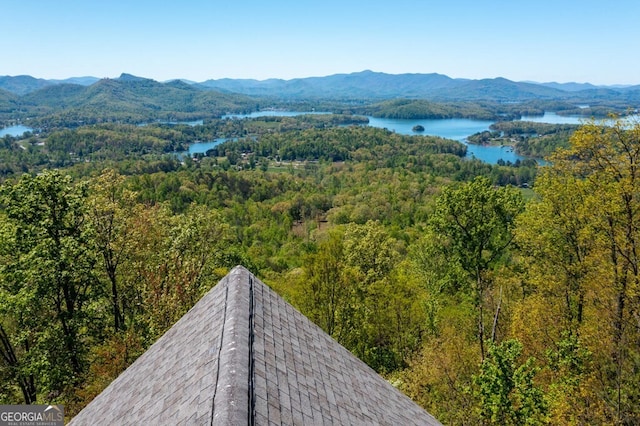 birds eye view of property with a water and mountain view