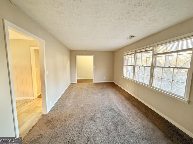 carpeted spare room with a textured ceiling