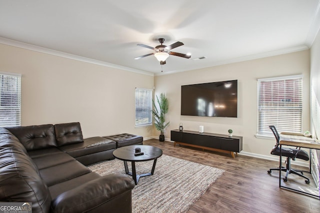 living room with hardwood / wood-style floors, ceiling fan, and ornamental molding