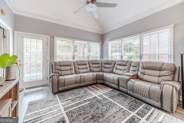 living room with ceiling fan, wood-type flooring, lofted ceiling, and ornamental molding