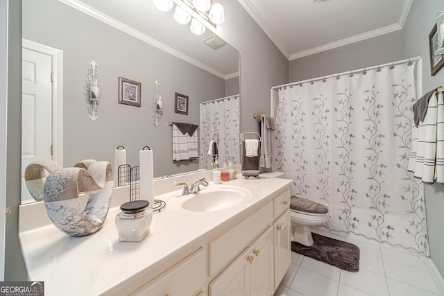 full bathroom with tile patterned flooring, toilet, vanity, shower / tub combo, and ornamental molding