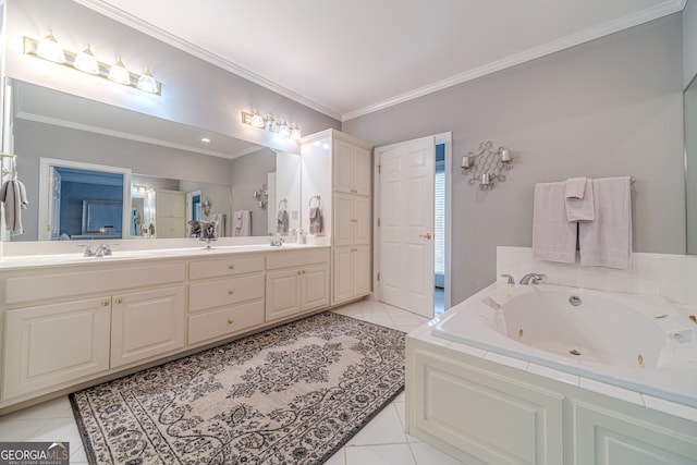 bathroom with tile patterned flooring, vanity, a bathing tub, and ornamental molding