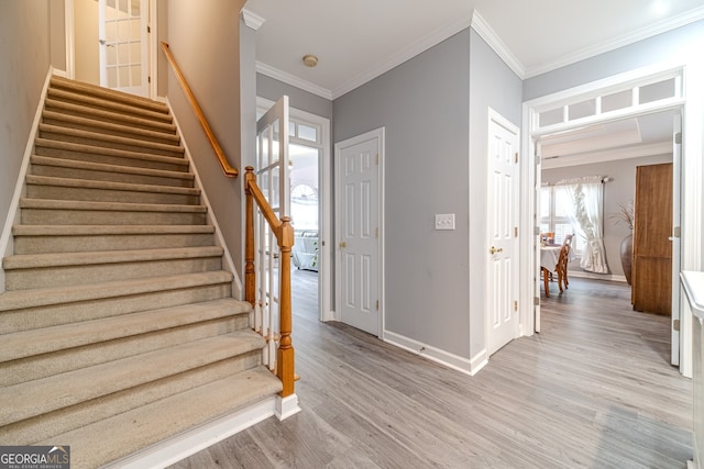 interior space featuring hardwood / wood-style floors and ornamental molding