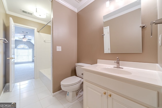 full bathroom with shower / bathing tub combination, vanity, tile patterned flooring, ceiling fan, and toilet