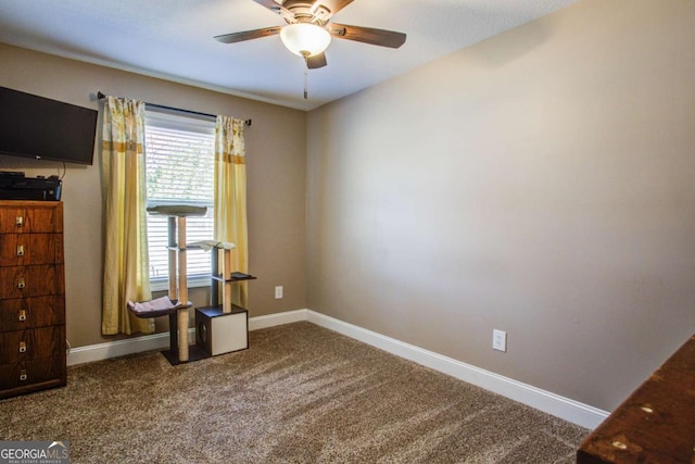 interior space featuring ceiling fan and carpet flooring