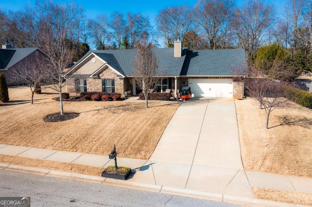 single story home with roof with shingles, concrete driveway, a garage, brick siding, and a chimney