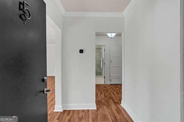 hall with wood-type flooring and crown molding