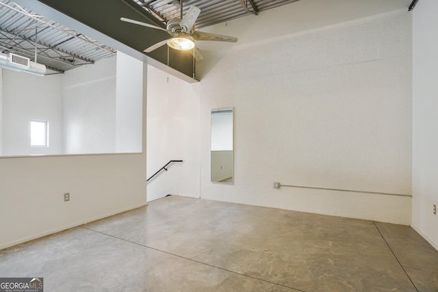 unfurnished room featuring concrete floors, visible vents, and a ceiling fan