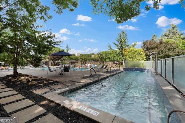 view of swimming pool with a patio