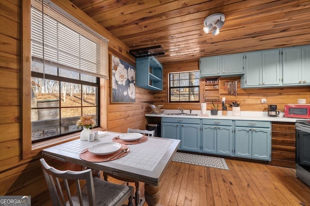 kitchen with wooden walls, sink, blue cabinetry, wooden ceiling, and light hardwood / wood-style floors