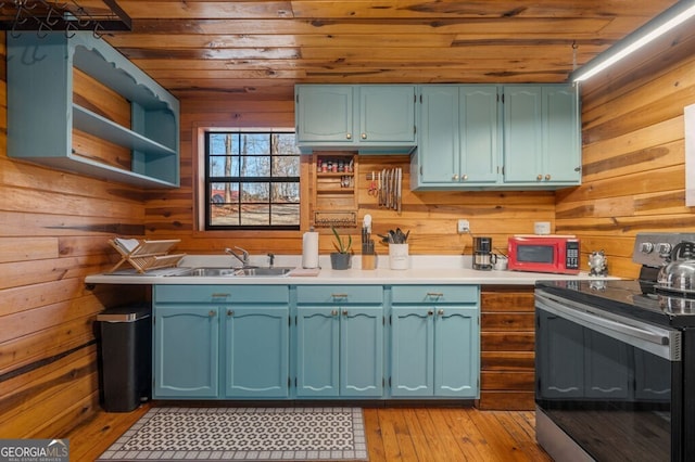 kitchen featuring wood walls, sink, wooden ceiling, and stainless steel electric range