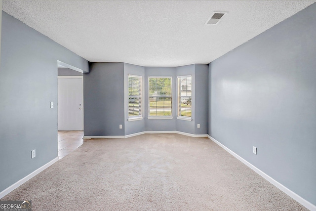 spare room featuring light colored carpet and a textured ceiling