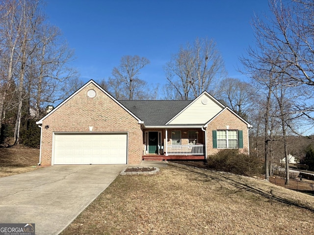 single story home featuring a garage, covered porch, and a front lawn