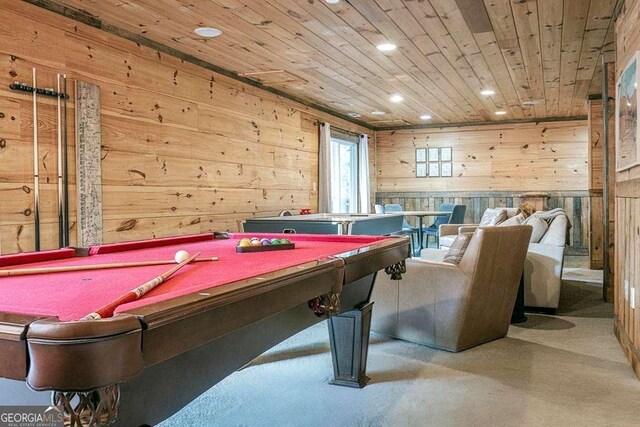 recreation room featuring wooden walls, wooden ceiling, and billiards