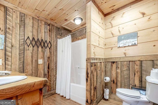 full bathroom featuring shower / tub combo with curtain, wooden walls, wooden ceiling, hardwood / wood-style floors, and toilet