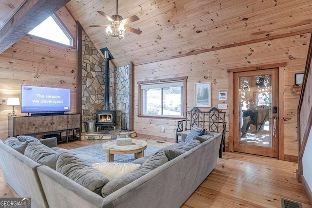 living room with a wood stove, wooden walls, plenty of natural light, and high vaulted ceiling