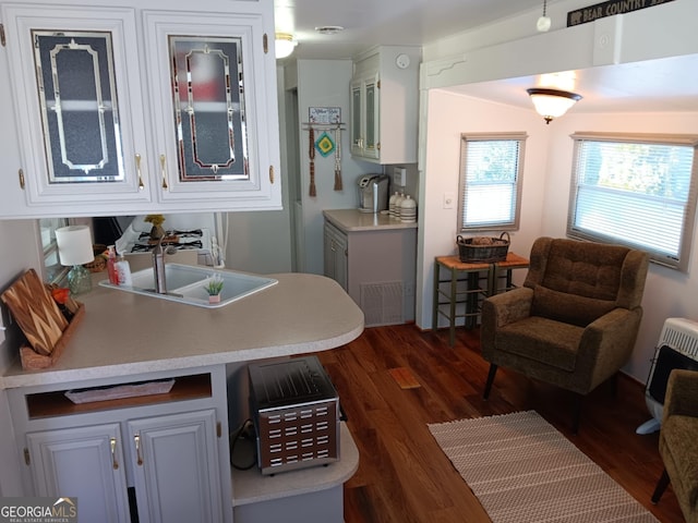 kitchen featuring white cabinets, heating unit, dark hardwood / wood-style floors, and sink