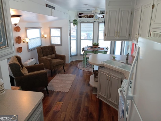 kitchen featuring ceiling fan, sink, white appliances, and dark wood-type flooring