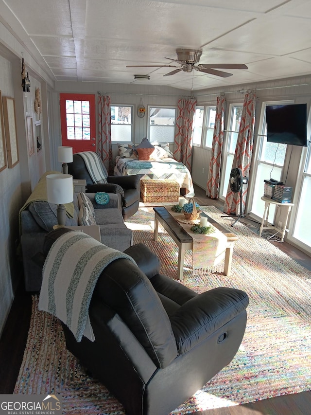 living room with a wealth of natural light and ceiling fan