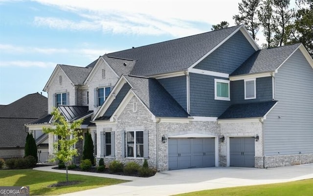 craftsman inspired home with a front lawn and a garage