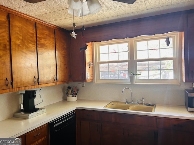 kitchen with dishwasher, ceiling fan, and sink