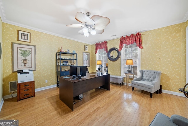 office featuring wallpapered walls, baseboards, and light wood finished floors