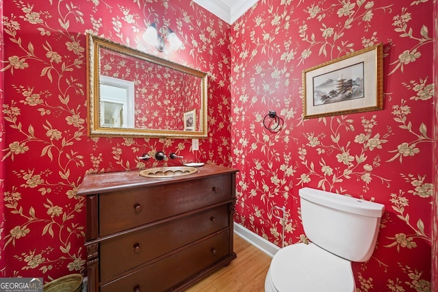 half bath with toilet, baseboards, wood finished floors, and vanity