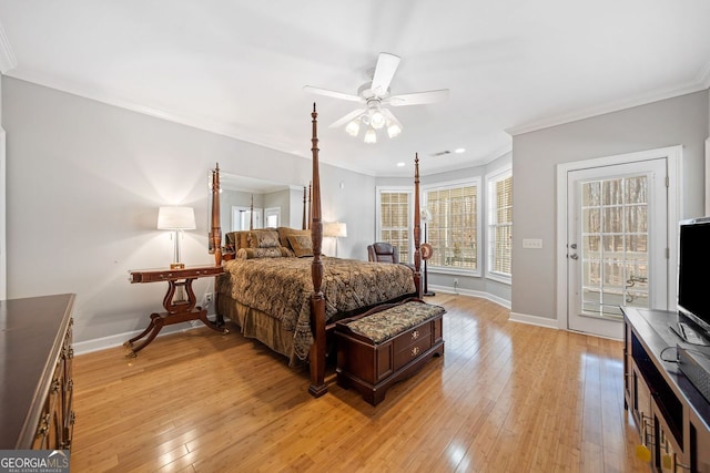 bedroom with light wood finished floors, baseboards, a ceiling fan, access to outside, and crown molding