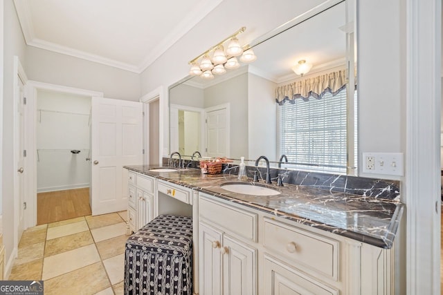 full bathroom featuring double vanity, ornamental molding, and a sink