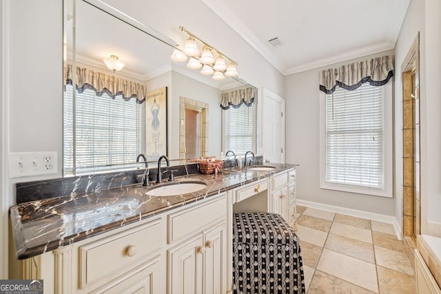 full bathroom featuring visible vents, a sink, and ornamental molding