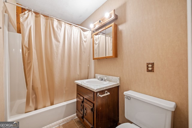 full bath with vanity, shower / tub combo with curtain, toilet, and tile patterned flooring