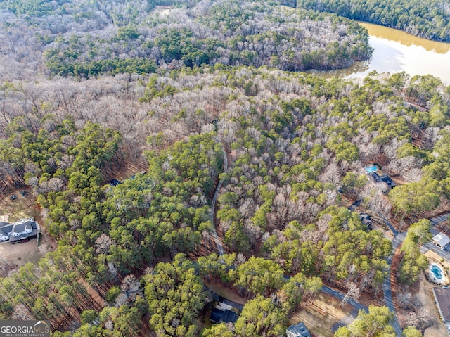 bird's eye view featuring a water view and a view of trees