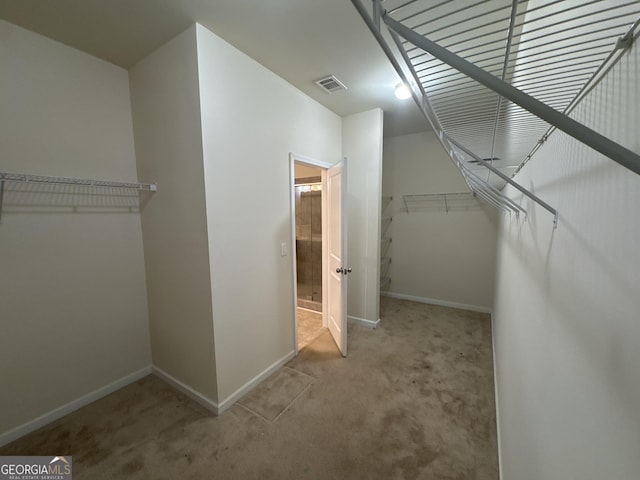 spacious closet featuring light colored carpet