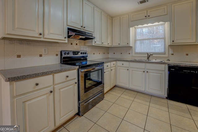 kitchen featuring electric range, dishwasher, sink, tasteful backsplash, and light tile patterned floors