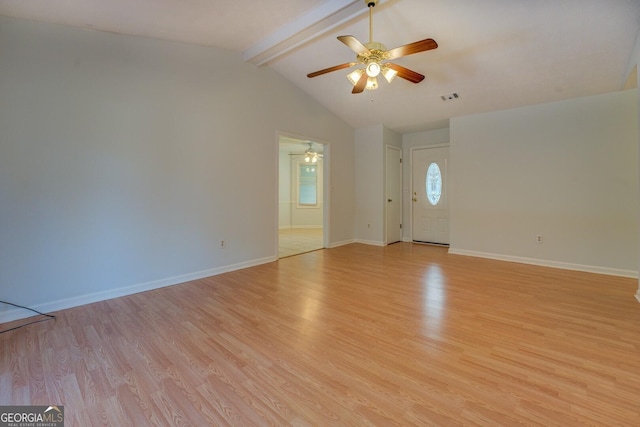 interior space featuring ceiling fan, lofted ceiling with beams, and light wood-type flooring